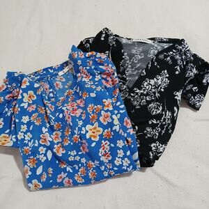 2 Similar sized Short-Sleeved (Black/White Floral) -(Blue w/Flowers-PLEIONE)